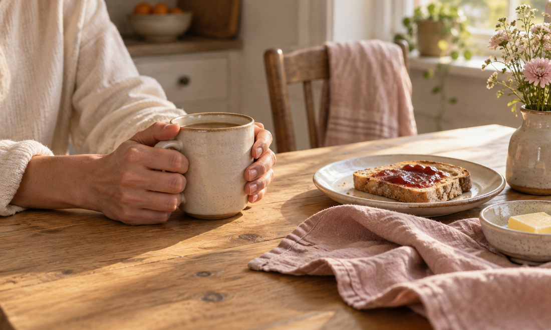 Hands holding a ceramic mug beside toast at a sunlit breakfast table.