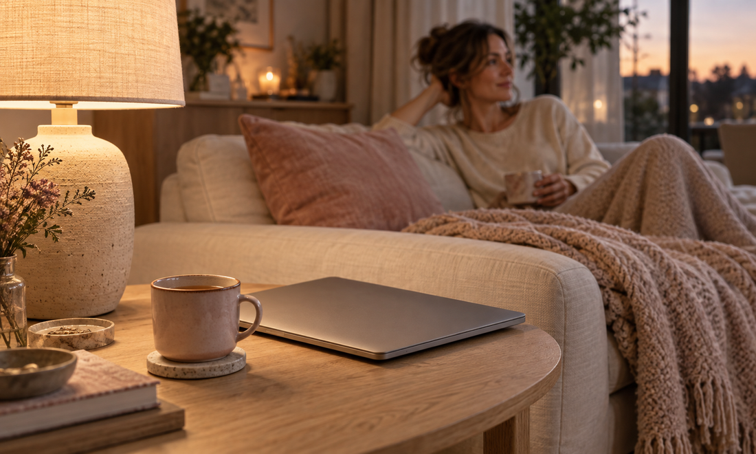 Closed laptop and tea beside a warm lamp, with a woman relaxing on a sofa.