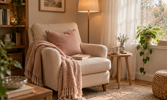 Cream reading chair with a blush cushion beside a softly lit window.