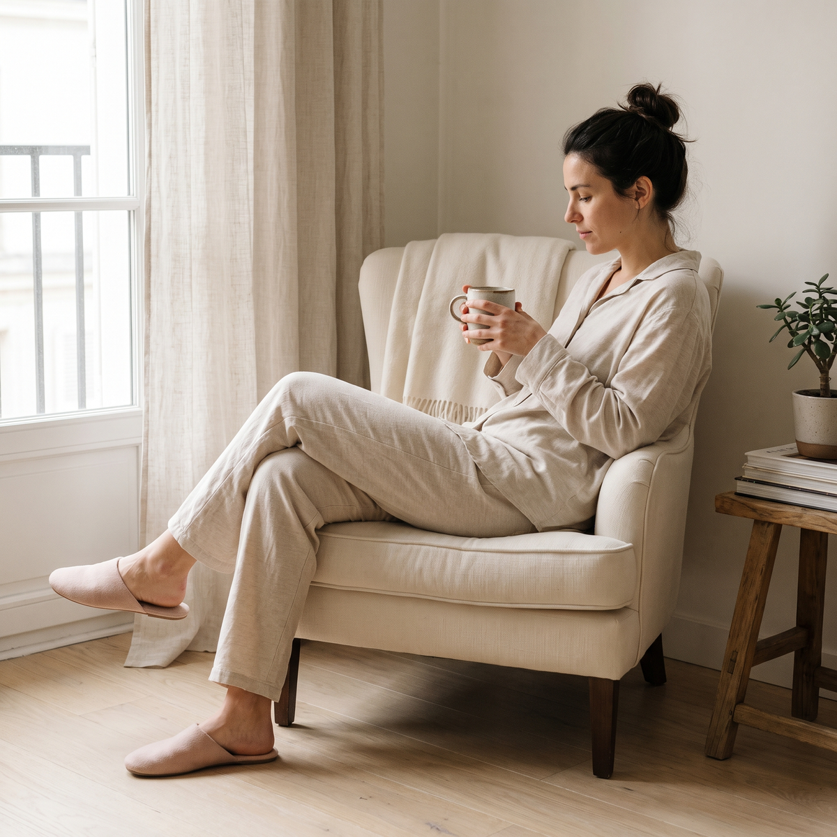 Woman relaxing in oatmeal loungewear and blush slippers beside a window