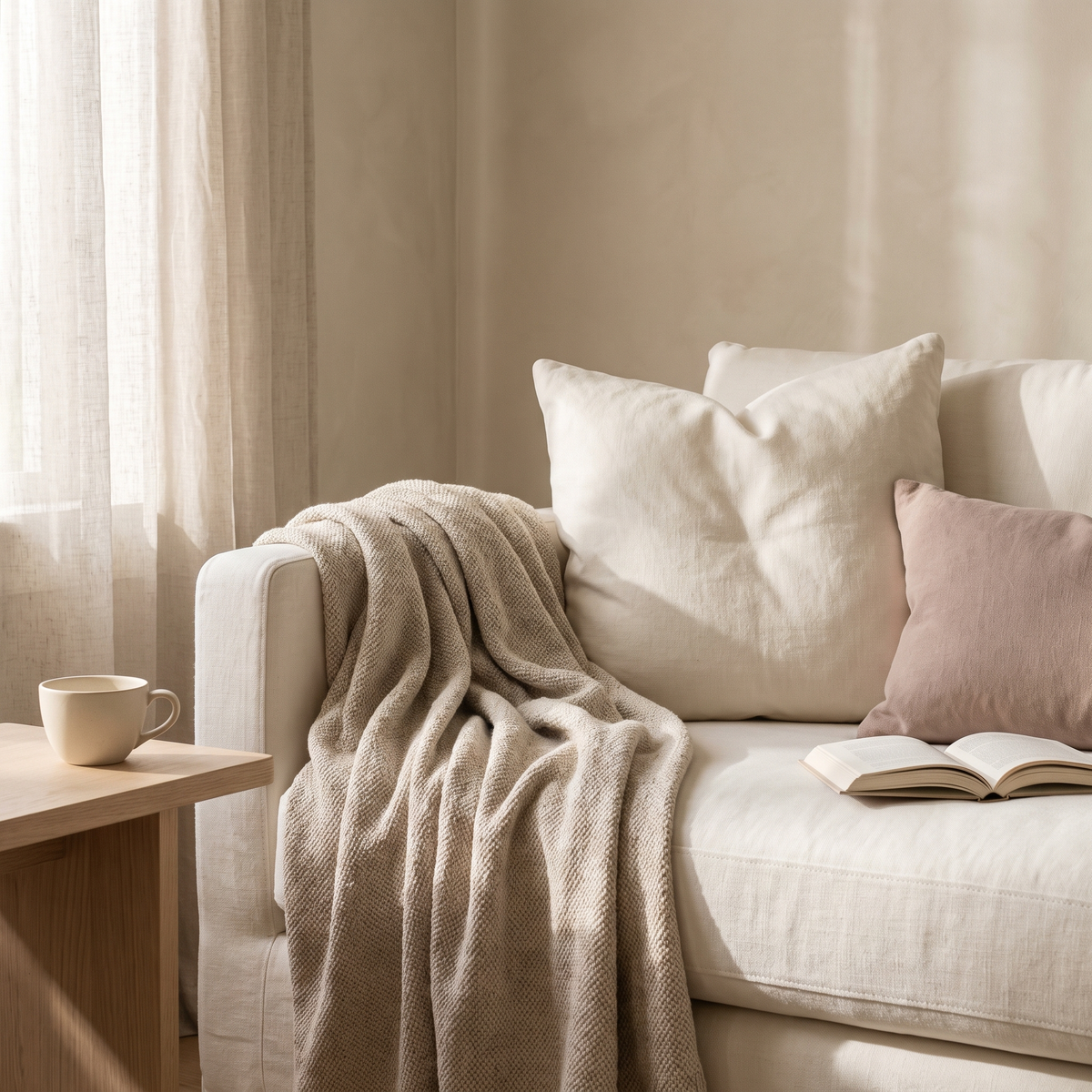 Cream sofa with layered cushions and an oatmeal throw in soft afternoon light