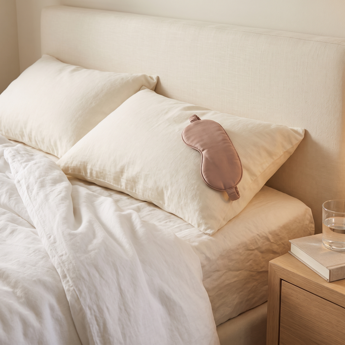 Ivory pillows and a blush sleep mask on a softly turned-down bed